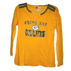 Green Bay Packers Yellow V Neck Long Sleeve T Shirt Womens Sz Small S NFL Sporty